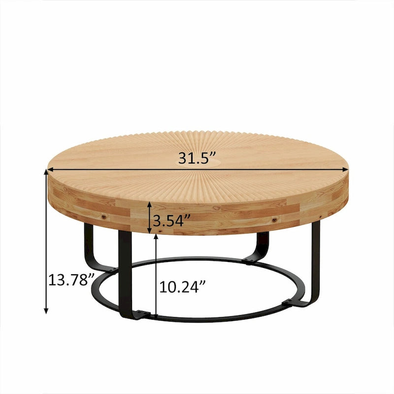 Table basse ronde moderne avec motif en bois sculpté et pieds en métal