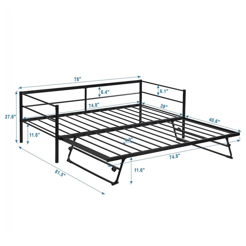 Lit de repos double en métal industriel noir avec lit gigogne escamotable réglable