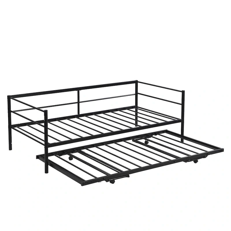 Lit de repos double en métal industriel noir avec lit gigogne escamotable réglable