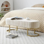 Banc de chambre à coucher, Banc de lit en velours ovale rembourré avec pieds en métal doré, Banc ottoman de rangement moderne de 48 po