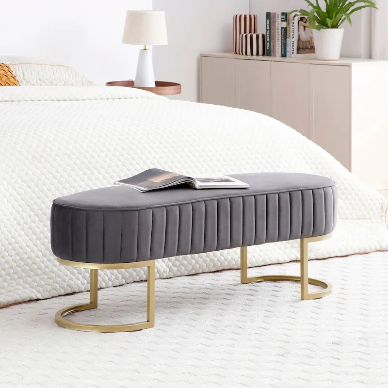 Banc de chambre à coucher, Banc de lit en velours ovale rembourré avec pieds en métal doré, Banc ottoman de rangement moderne de 48 po