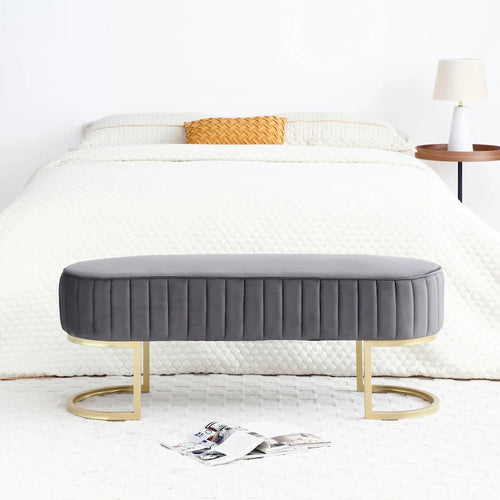 Banc de chambre à coucher, Banc de lit en velours ovale rembourré avec pieds en métal doré, Banc ottoman de rangement moderne de 48 po