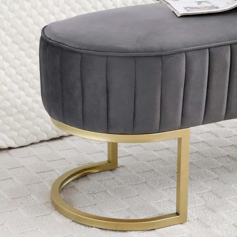 Banc de chambre à coucher, Banc de lit en velours ovale rembourré avec pieds en métal doré, Banc ottoman de rangement moderne de 48 po