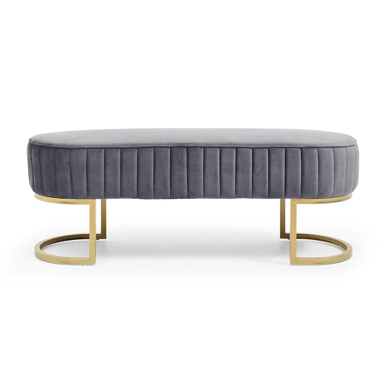 Banc de chambre à coucher, Banc de lit en velours ovale rembourré avec pieds en métal doré, Banc ottoman de rangement moderne de 48 po