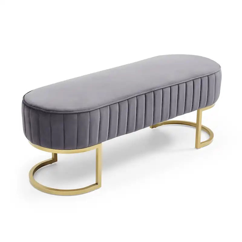 Banc de chambre à coucher, Banc de lit en velours ovale rembourré avec pieds en métal doré, Banc ottoman de rangement moderne de 48 po
