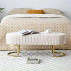 Banc de chambre à coucher, Banc de lit en velours ovale rembourré avec pieds en métal doré, Banc ottoman de rangement moderne de 48 po