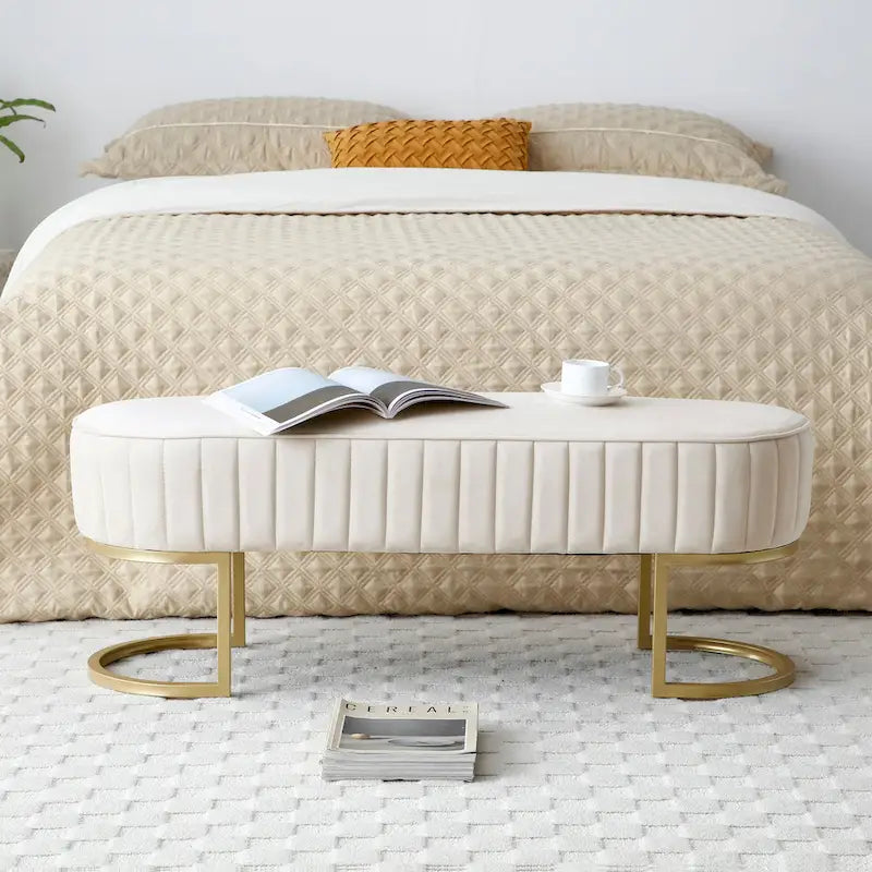 Banc de chambre à coucher, Banc de lit en velours ovale rembourré avec pieds en métal doré, Banc ottoman de rangement moderne de 48 po