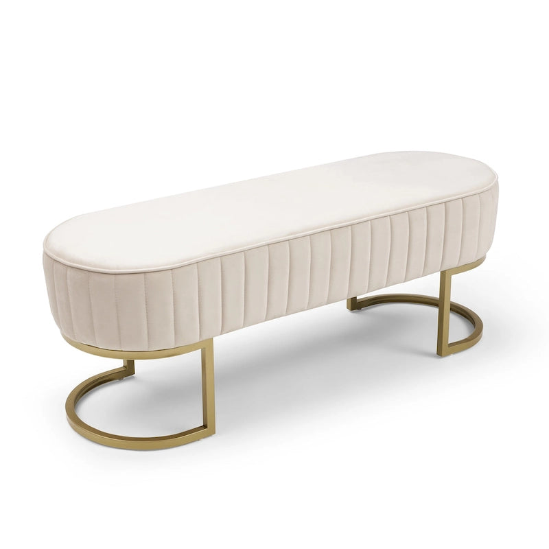 Banc de chambre à coucher, Banc de lit en velours ovale rembourré avec pieds en métal doré, Banc ottoman de rangement moderne de 48 po