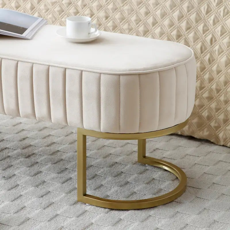 Banc de chambre à coucher, Banc de lit en velours ovale rembourré avec pieds en métal doré, Banc ottoman de rangement moderne de 48 po