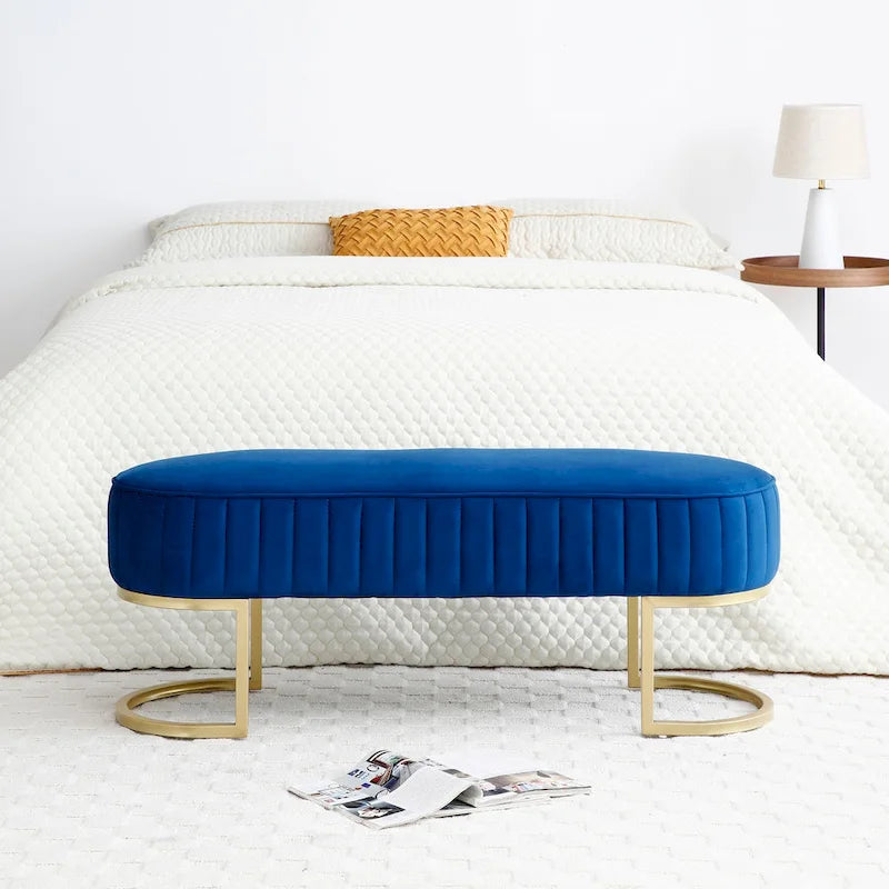 Banc de chambre à coucher, Banc de lit en velours ovale rembourré avec pieds en métal doré, Banc ottoman de rangement moderne de 48 po