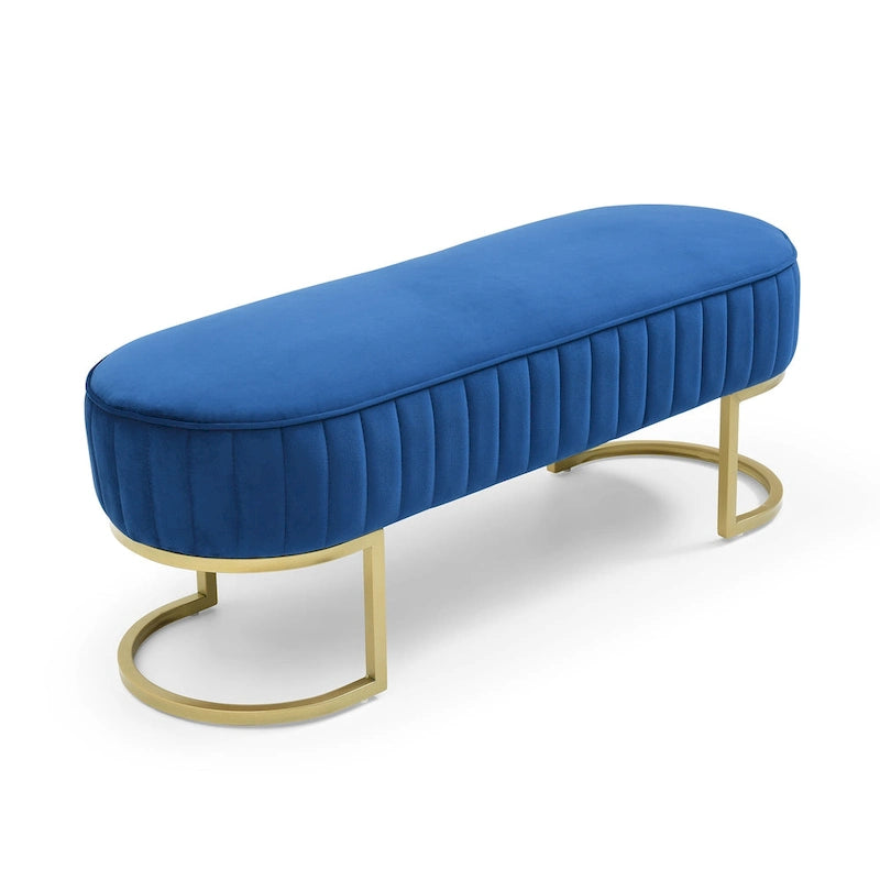 Banc de chambre à coucher, Banc de lit en velours ovale rembourré avec pieds en métal doré, Banc ottoman de rangement moderne de 48 po