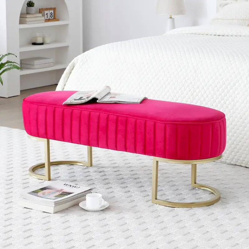 Banc de chambre à coucher, Banc de lit en velours ovale rembourré avec pieds en métal doré, Banc ottoman de rangement moderne de 48 po