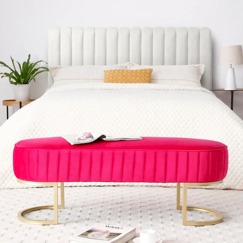 Banc de chambre à coucher, Banc de lit en velours ovale rembourré avec pieds en métal doré, Banc ottoman de rangement moderne de 48 po