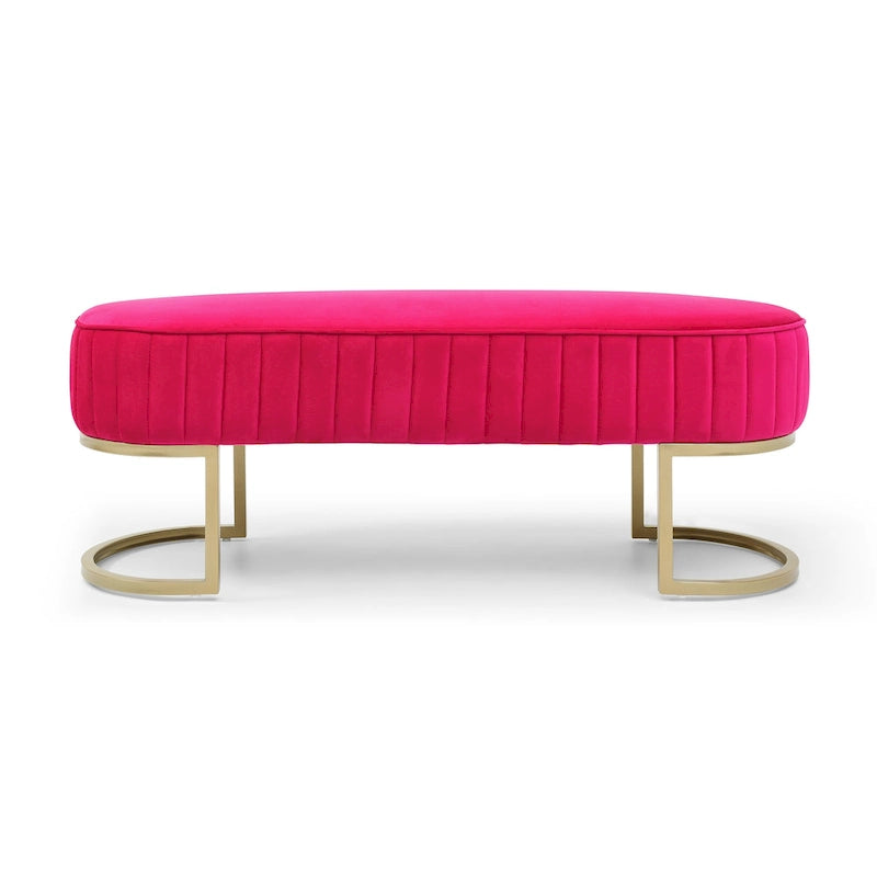 Banc de chambre à coucher, Banc de lit en velours ovale rembourré avec pieds en métal doré, Banc ottoman de rangement moderne de 48 po