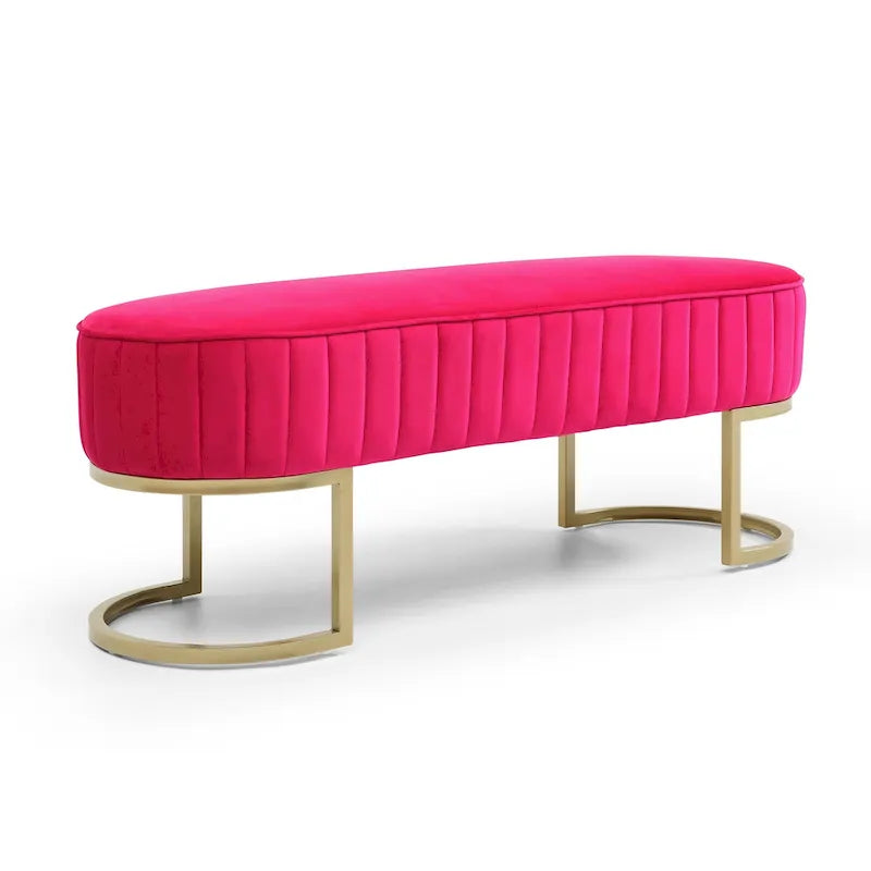 Banc de chambre à coucher, Banc de lit en velours ovale rembourré avec pieds en métal doré, Banc ottoman de rangement moderne de 48 po