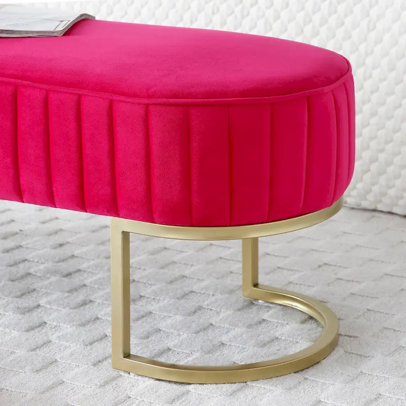 Banc de chambre à coucher, Banc de lit en velours ovale rembourré avec pieds en métal doré, Banc ottoman de rangement moderne de 48 po