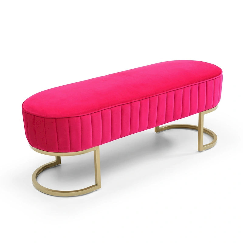 Banc de chambre à coucher, Banc de lit en velours ovale rembourré avec pieds en métal doré, Banc ottoman de rangement moderne de 48 po